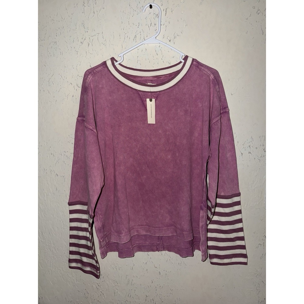 Anthropologie Pilcro Shirt Cotton Seamed long sleeve top Purple Striped Small